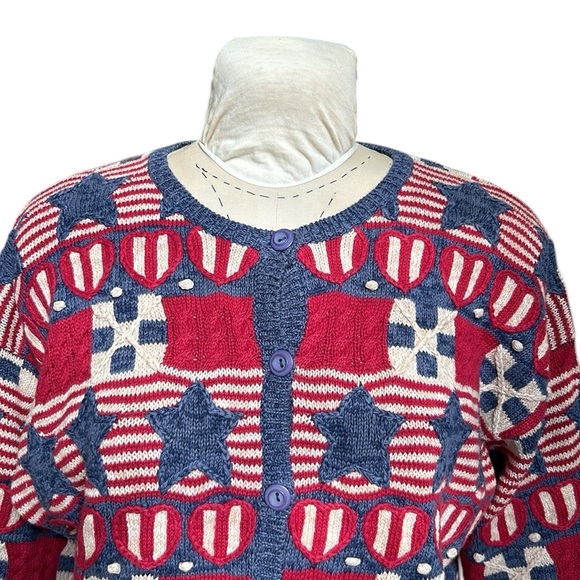 Vintage Talbots Patriotic American Flag Cardigan Embroidered Red White Blue L - Picture 5 of 11